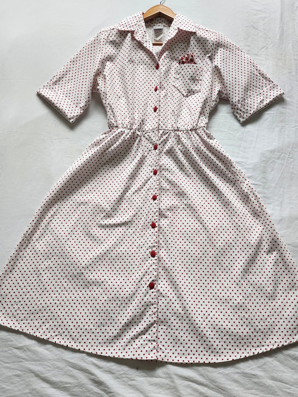 Vintage White Polka Dot Button-Front Dress with Red Accents